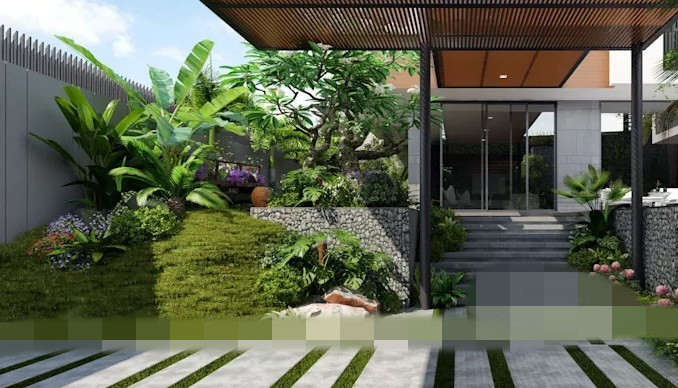 Lối vào nhà có một ngọn đồi nhỏ trải thảm xanh biếc với nhiều loại cây và hoa khác nhau.