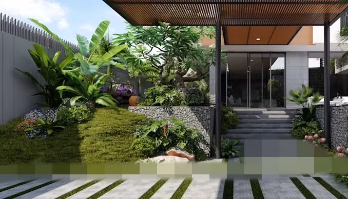 Lối vào nhà có một ngọn đồi nhỏ trải thảm xanh biếc với nhiều loại cây và hoa khác nhau.