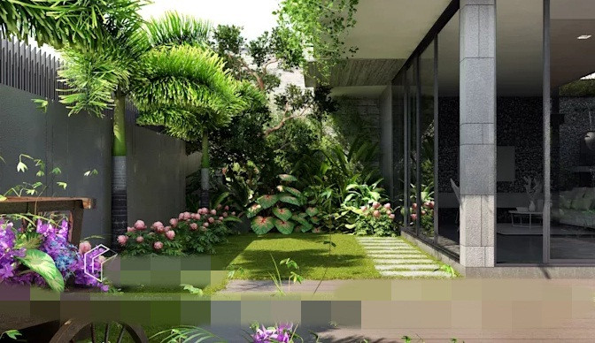 Từ hiên nhà, hành lang cho đến mọi ngóc ngách xung quanh đều có sự xuất hiện của hệ thống cây xanh.