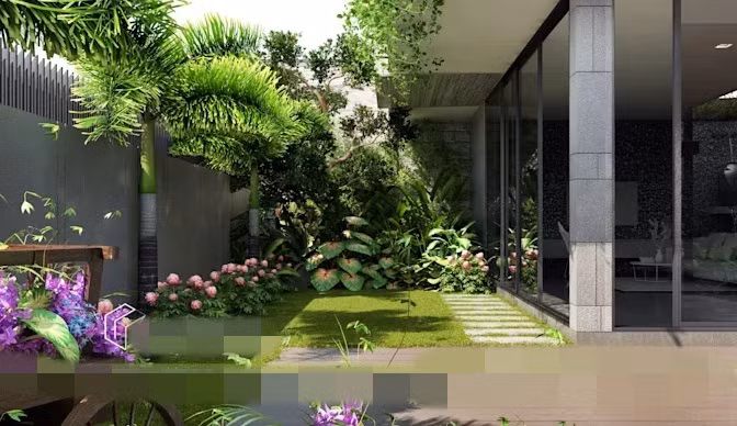 Từ hiên nhà, hành lang cho đến mọi ngóc ngách xung quanh đều có sự xuất hiện của hệ thống cây xanh.