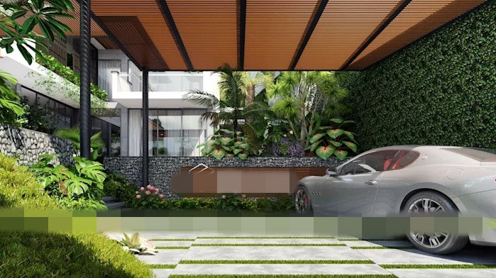 Nhà để xe thiết kế đơn giản, đủ chỗ thoải mái cho 2 ô tô.