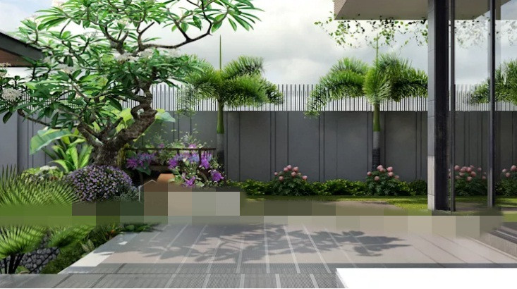 Sắc xanh bao trùm khắp không gian từ hàng rào, sân vườn cho đến các tầng trên.