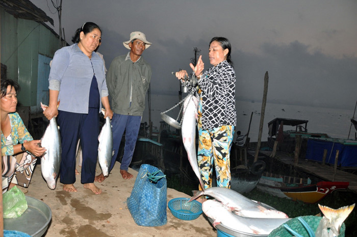 Cá bông lau được thương lái chờ mua ngay khi thuyền cập bến. Ảnh: Zing.