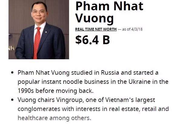 Trong khi ông Phạm Nhật Vượng là tỷ phú USD giàu nhất Việt Nam với khối tài sản 6,4 tỷ USD (theo Forbes), thì bà Hương cũng nắm giữ 4,73% vốn Vingroup, tương đương khối tài sản 14.631 tỷ đồng, là nữ đại gia giàu thứ 5 sàn chứng khoán. Ảnh: Forbes.