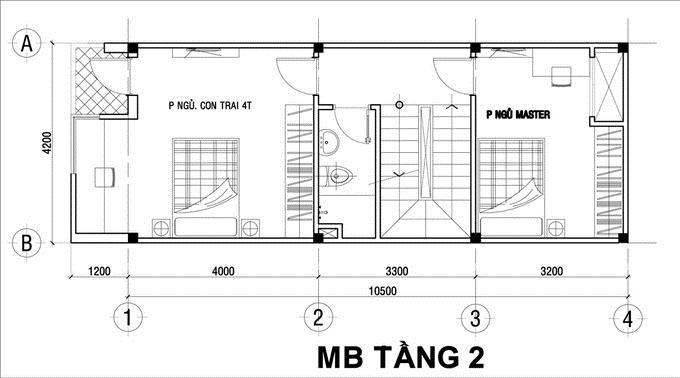 Tầng 2 gồm phòng ngủ của con trai 4 tuổi, phòng ngủ chính của bố mẹ và một phòng vệ sinh chung.