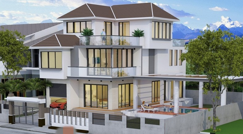 Lược bỏ tối đa các chi tiết trang trí rườm rà, biệt thự ấn tượng với hệ cửa nhôm kính kiểu dáng đơn giản. Ảnh: Nicedayhome.