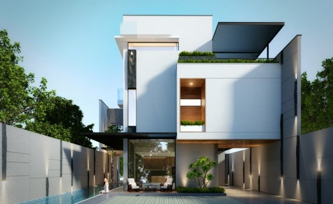 Công trình không đơn thuần là một khối hộp đơn giản và nhàm chán mà là sự kết hợp hài hòa của vật liệu và hình khối. Ảnh: Thietkexaynha.