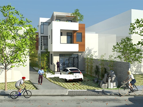 Kiến trúc nhà 1 trệt 1 lầu 1 tum hiện đại, với điểm nhấn là mảng màu xanh, cho không gian gần gũi với thiên nhiên. Ảnh: Datbinhduong.