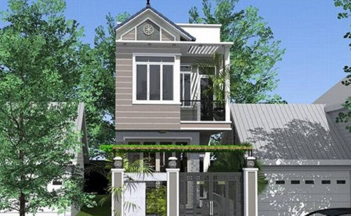  Nhà phố 2 tầng kiến trúc hiện đại phía sau ở trên mái lợp tôn cách nhiệt, mặt tiền tầng trệt ốp đá trang trí có dàn hoa leo. Ảnh: Thietkenhadepmoi.