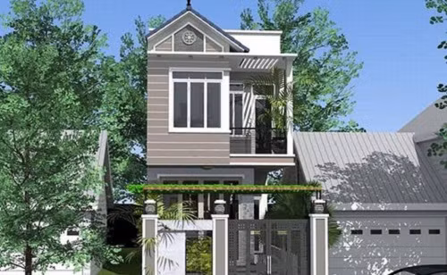  Nhà phố 2 tầng kiến trúc hiện đại phía sau ở trên mái lợp tôn cách nhiệt, mặt tiền tầng trệt ốp đá trang trí có dàn hoa leo. Ảnh: Thietkenhadepmoi.