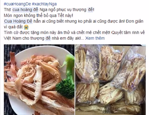 Thịt cua hoàng đế hun khói được rao bán nhiều trên chợ online với giá từ 800.000 - 1 triệu đồng/kg. Ảnh chụp màn hình FB.