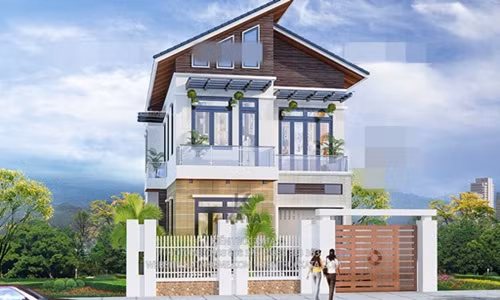 Nhà 2 tầng thiết kế theo phong cách hiện đại kết hợp hệ mái chéo lệch tầng tạo nên một tổng thể không gian ngoại thất đẹp, sang trọng. Ảnh: Katahome.