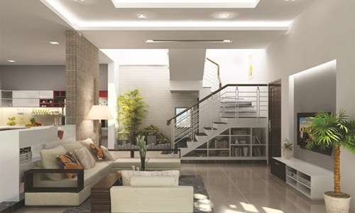 Nhà ống thường bố trí tầng 1 là phòng khách, phòng ăn và nhà bếp. Nếu không gian cho phép, bạn nên bố trí thêm cây xanh trong phòng khách. Ảnh: Kaiso.