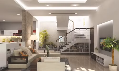 Nhà ống thường bố trí tầng 1 là phòng khách, phòng ăn và nhà bếp. Nếu không gian cho phép, bạn nên bố trí thêm cây xanh trong phòng khách. Ảnh: Kaiso.