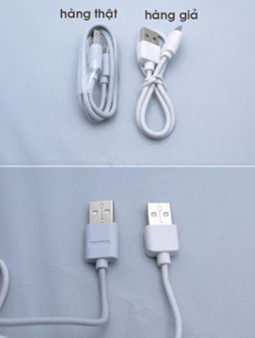 Dây cáp chính hãng được gói rất cẩn thận bằng túi nilon và đầu USB có in hình thương hiệu. Trong khi đó, hàng trôi nổi thì chỉ được buộc thô sơ bằng những sợi dây. Ảnh: Tiki.