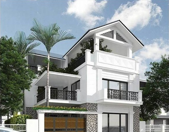 Biệt thự 3 tầng đơn giản, lợp ngói hình chữ L có sân thượng khang trang. Ảnh: Thietkenhadepmoi.