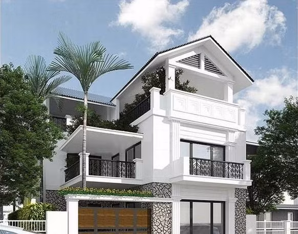 Biệt thự 3 tầng đơn giản, lợp ngói hình chữ L có sân thượng khang trang. Ảnh: Thietkenhadepmoi.