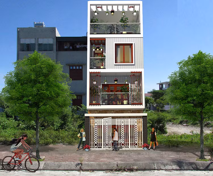 Măt tiền của ngôi nhà ấn tượng với những tông màu sáng trẻ trung, điểm thêm những gam nâu của gỗ và vàng của đá. Ảnh: Xaydungso.