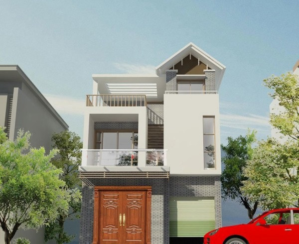 Mẫu thiết kế nhà phố 3 tầng 8x10m kết hợp giữa kiến trúc mái thái và kiến trúc mái bằng. Ảnh: Thietkethicongnhadep.