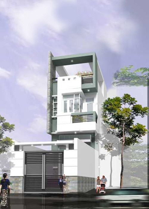 Nhà phố 4 tầng, 5m x 20m cho gia đình 4 thành viên. Sân trước nhà để trồng cây, tầng 1 bố trí cầu thang ở giữa lấy ánh sáng. Ảnh: Anthuanphuoc.