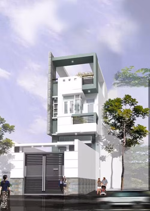 Nhà phố 4 tầng, 5m x 20m cho gia đình 4 thành viên. Sân trước nhà để trồng cây, tầng 1 bố trí cầu thang ở giữa lấy ánh sáng. Ảnh: Anthuanphuoc.