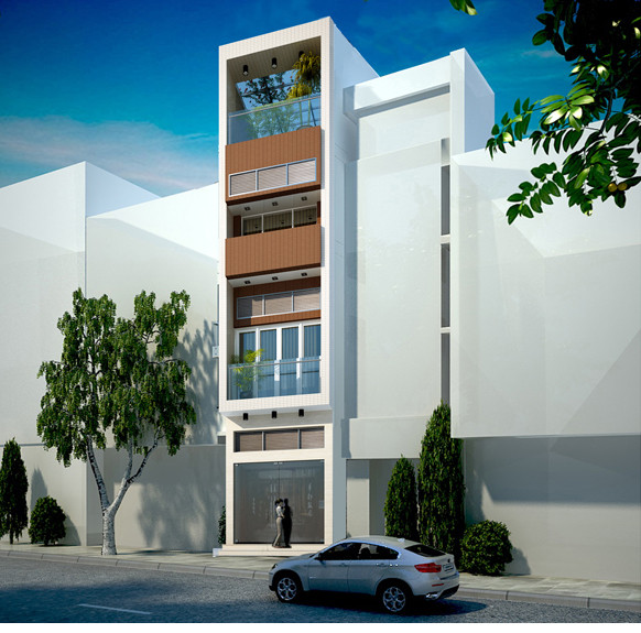 Nhà phố 3 tầng độc đáo với thiết kế hình hộp lớn, nhỏ vuông vắn, khỏe khoắn. Ảnh: Xaydungso.