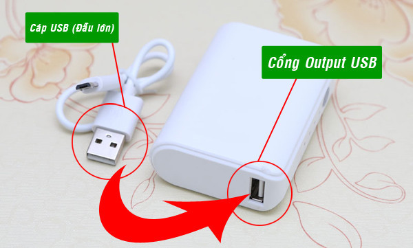 Với sạc dự phòng chính hãng, cổng USB thường có miếng nhựa nằm ở dưới, màu đen. Trong khi đó hàng nhái miếng nhựa ở cổng USB nằm phía trên và có màu trắng. Ảnh: Phukienhuycuong.