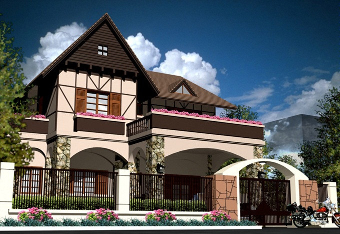 Thiết kế mái cuốn vòm ở cổng tạo sự mềm mại cho những khối cứng nhắc của căn biệt thự. Ảnh: Kientaoviet.