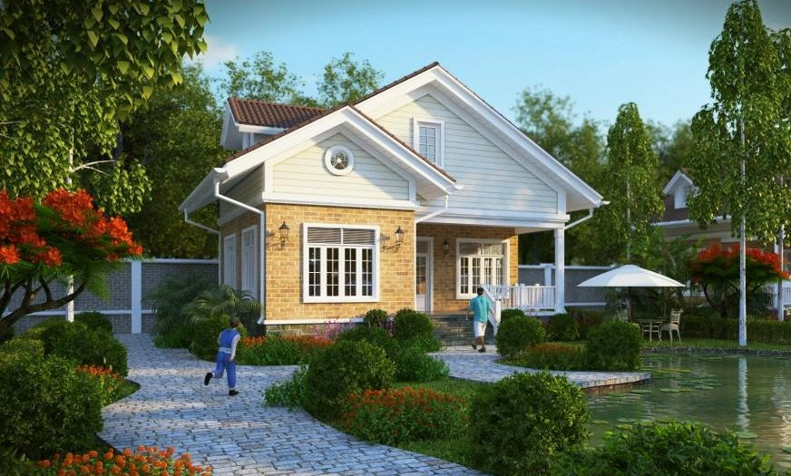 Mẫu biệt thự có ao hồ phía trước mang đặc trưng kiến trúc ở làng quê. Ảnh: Kientrucadong.