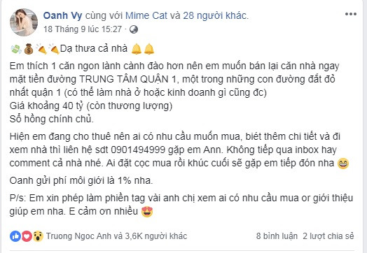 Mới đây, ca sỹ Vy Oanh gây chú ý khi rao bán căn biệt thự ở quận 1 (TP HCM) trên trang cá nhân. Ảnh: chụp màn hình FB.