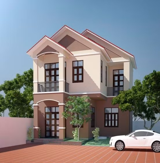 Nhà 2 tầng sử dụng cửa kính khung gỗ hiện đại, sân gạch rộng rãi phù hợp với các gia đình ở nông thôn. Ảnh: Nhabinhduong.