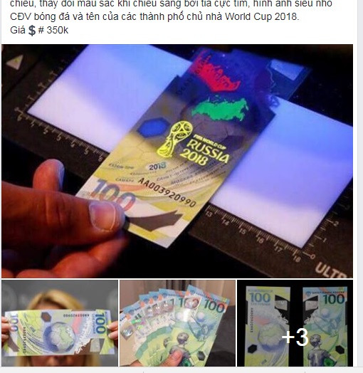 Tại Việt Nam, tờ tiền 100 rúp cũng gây sốt trên thị trường. Trên mạng xã hội, đồng tiền này được bán với giá từ 350.000 - 500.000 đồng/tờ, đắt gấp 10-12 lần giá trị của nó. Ảnh: Facebook.