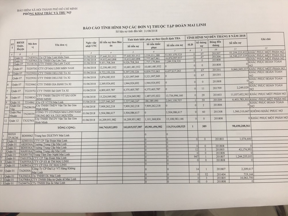 Các khoản nợ BHXH của các công ty con Tập đoàn Mai Linh.