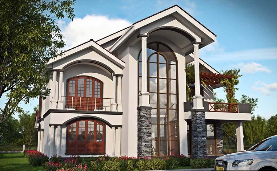 Nhiều tầng mái xếp chồng lên nhau tạo hiệu ứng giúp căn nhà 2 tầng thêm đồ sộ và lộng lẫy. Ảnh: Arcviet.