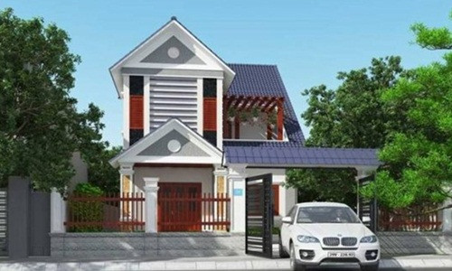 Điểm nổi bật là phần mái nhà và mái cổng đều sử dụng màu xanh dương hiện đại. Ảnh: Internet.