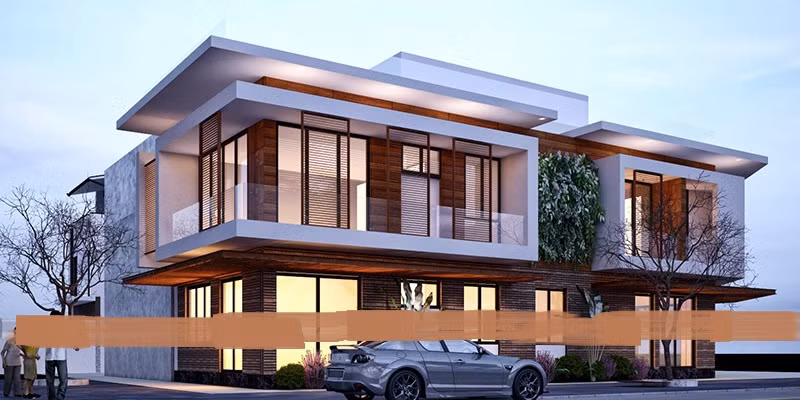 Mẫu nhà ống 2 tầng với hình khối kiến trúc độc đáo, sử dụng lan can ban công kính hiện đại. Ảnh: Housevn.