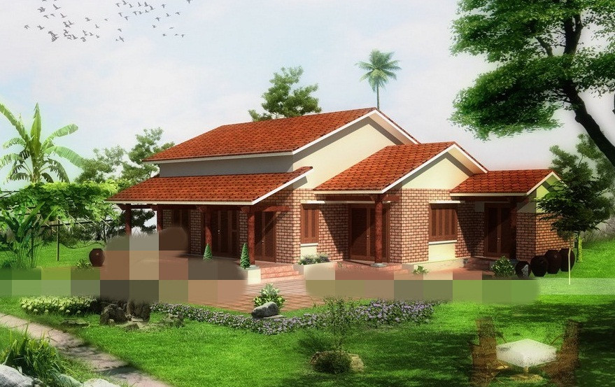 Ngôi nhà mang nét đẹp cổ kính với mái gạch đỏ và sân hoa cỏ trước nhà. Ảnh: Vietnamarch.