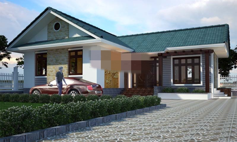 Thiết kế nhà 1 tầng hình chữ L mái thái đẹp ấn tượng với mặt tiền sang trọng. Ảnh: Angcovat.