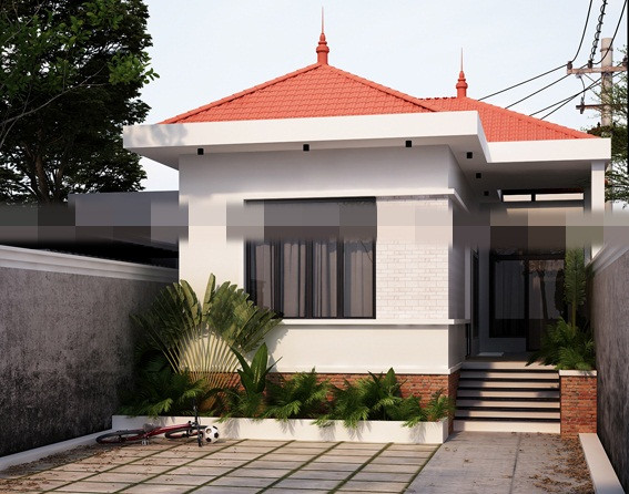 Mặt tiền nhà ống 1 tầng được thiết kế dạng giả biệt thự, hệ thống mái vẫn văng đua để che mưa. Ảnh: Kientrucgianguyen.