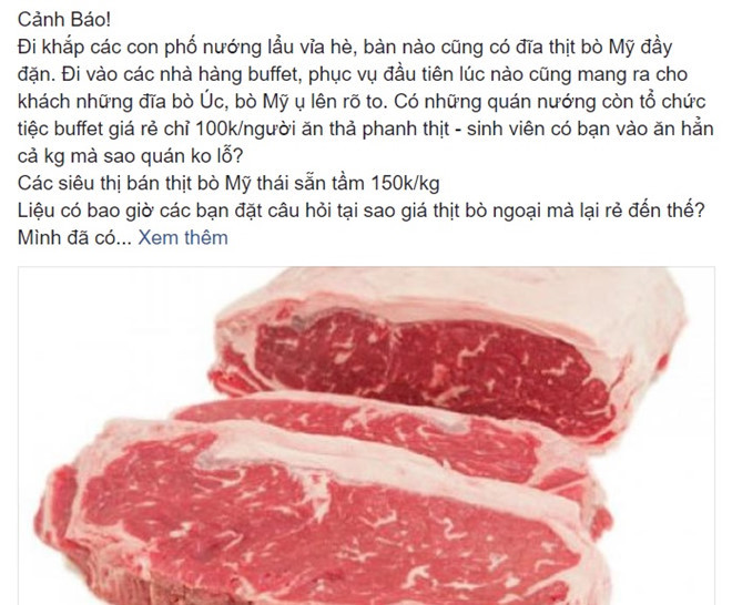 Một lời cảnh báo thịt bò nhập khẩu giá rẻ trên mạng xã hội. Ảnh chụp màn hình.