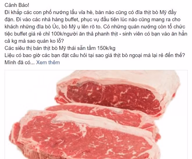 Một lời cảnh báo thịt bò nhập khẩu giá rẻ trên mạng xã hội. Ảnh chụp màn hình.
