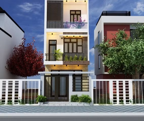 Nhà phố đẹp 3 tầng với bên trái được mở thêm cửa sổ để lấy thêm ánh sáng cho hành lang và các phòng ngủ. Ảnh: Thietkethicongnhadep.