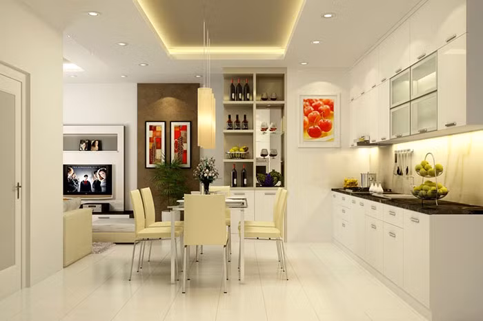 Theo phong cách hiện đại, nhà bếp nên ưu tiên sử dụng các đồ nội thất đơn giản giúp tiết kiệm tối đa diện tích không gian.