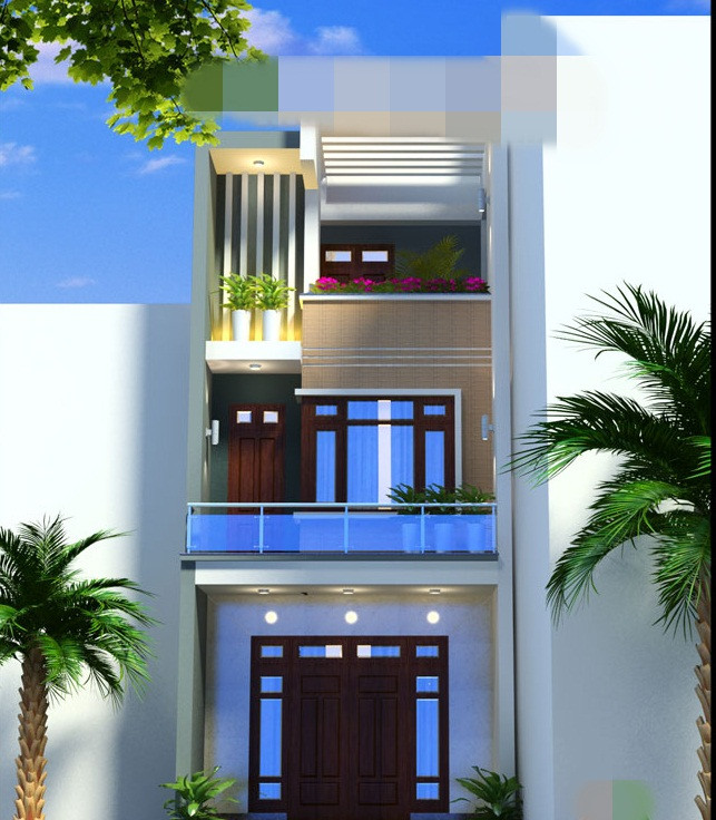 Kiến trúc nhà ống 2 tầng 1 tum mang nhiều nét trang trí đẹp mắt dựa trên dựa phân chia tỉ lệ hình khối bất cân đối. Ảnh: Maunhadepmoi.