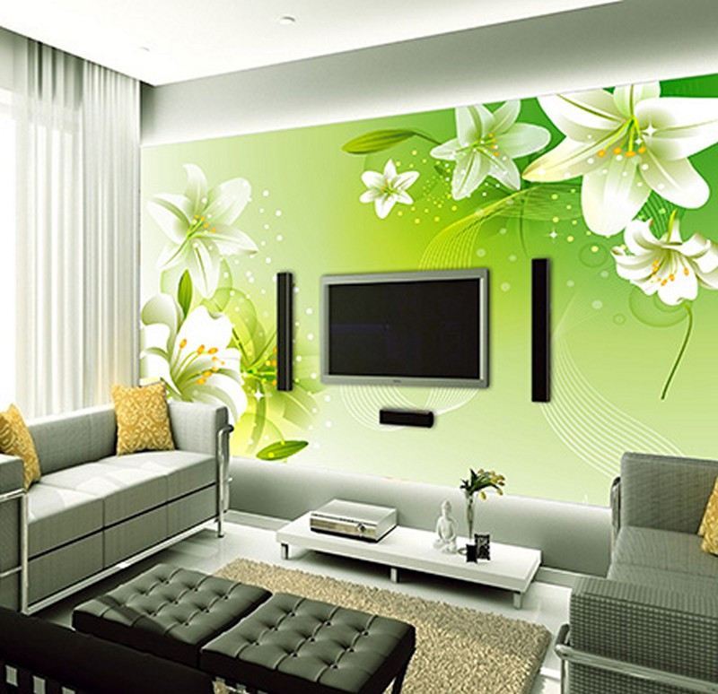 Các mẫu tranh dán tường 3D khổ lớn họa tiết hoa là cách trang trí giúp không gian phòng khách thêm lung linh, đầy sức hút. Ảnh: Thienha3d.