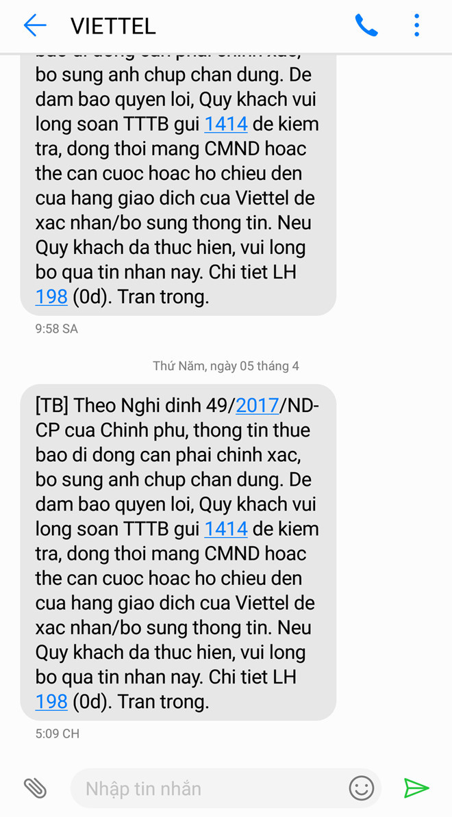 Nhiều người dùng đã sử dụng SIM lâu năm vẫn nhận được tin nhắn yêu cầu bổ sung thông tin cá nhân từ nhà mạng. Ảnh: NVCC.