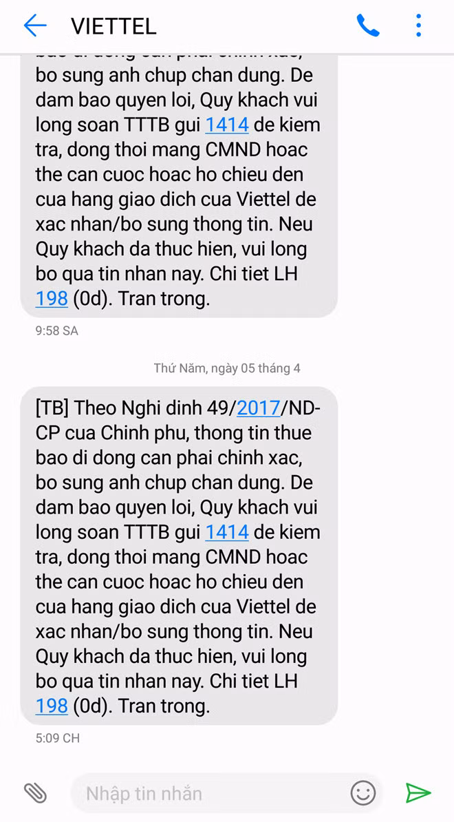 Nhiều người dùng đã sử dụng SIM lâu năm vẫn nhận được tin nhắn yêu cầu bổ sung thông tin cá nhân từ nhà mạng. Ảnh: NVCC.