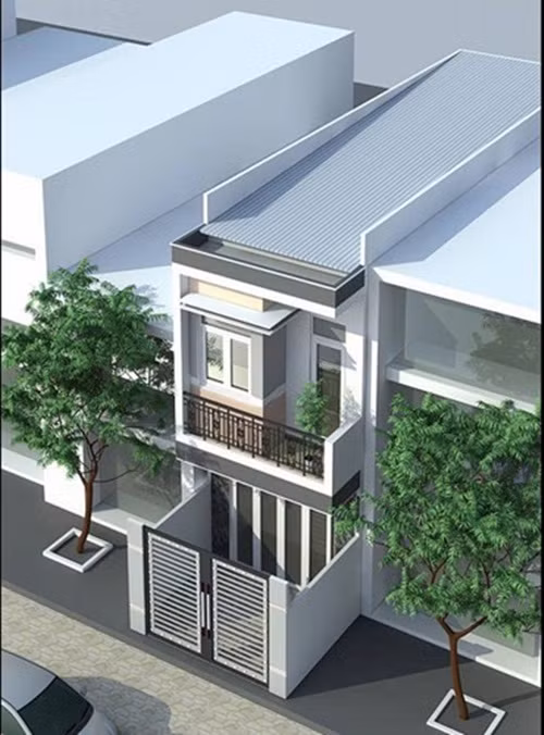 Nhà phố 2 tầng thiết kế mái lợp tôn, hai bên có xây hai lá chắn nước. Ảnh: Thietkenhadepmoi.