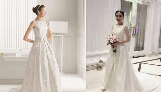 Khi làm lễ chính thức, Mai Ngọc xuất hiện trong chiếc váy cưới màu trắng của thương hiệu Rosa Clara. Giá của chiếc váy này là 10.000 USD (khoảng 225 triệu đồng). Ảnh: Ngoisao.vn.