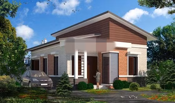 Nhà 1 tầng mái lệch nổi bật với hình khối vuông vắn, cân đối đồng nhất mang đến cảm giác an toàn, vững chãi. Ảnh: Angcovat.